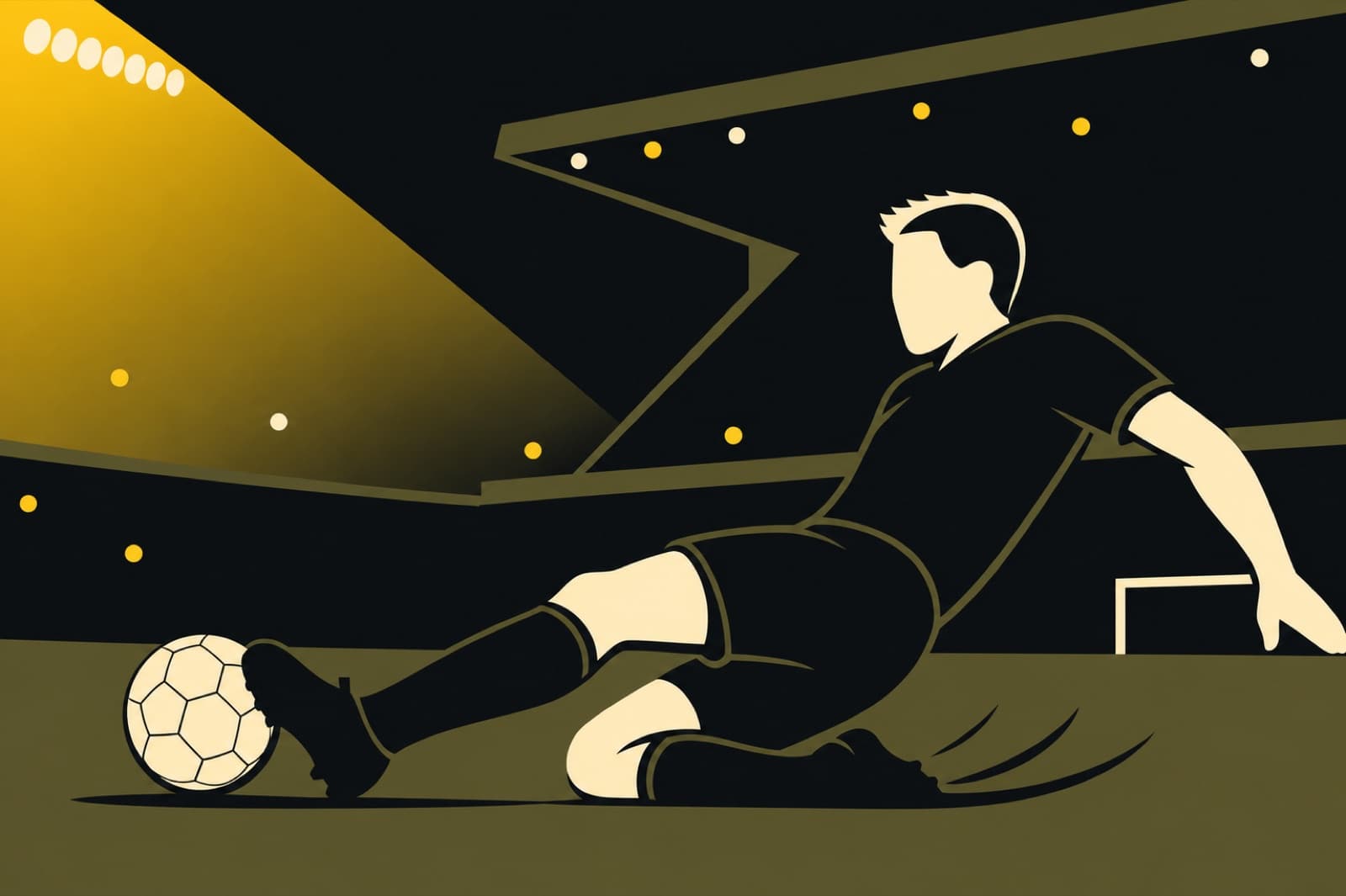 Stylized editorial illustration of a sliding tackle under stadium floodlights
