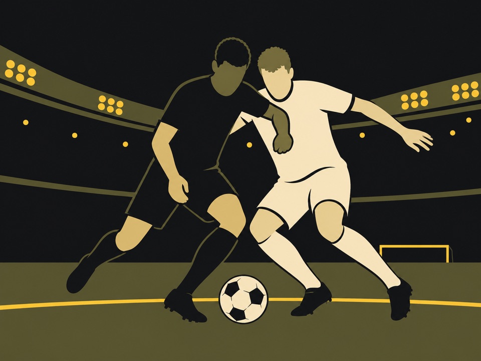Stylized editorial illustration of two players contesting possession