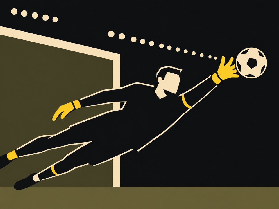 Stylized editorial illustration of a goalkeeper diving across the goal mouth
