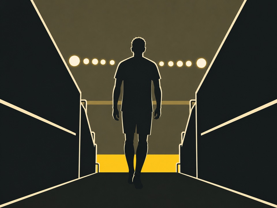 Stylized editorial illustration of a player walking toward stadium floodlights